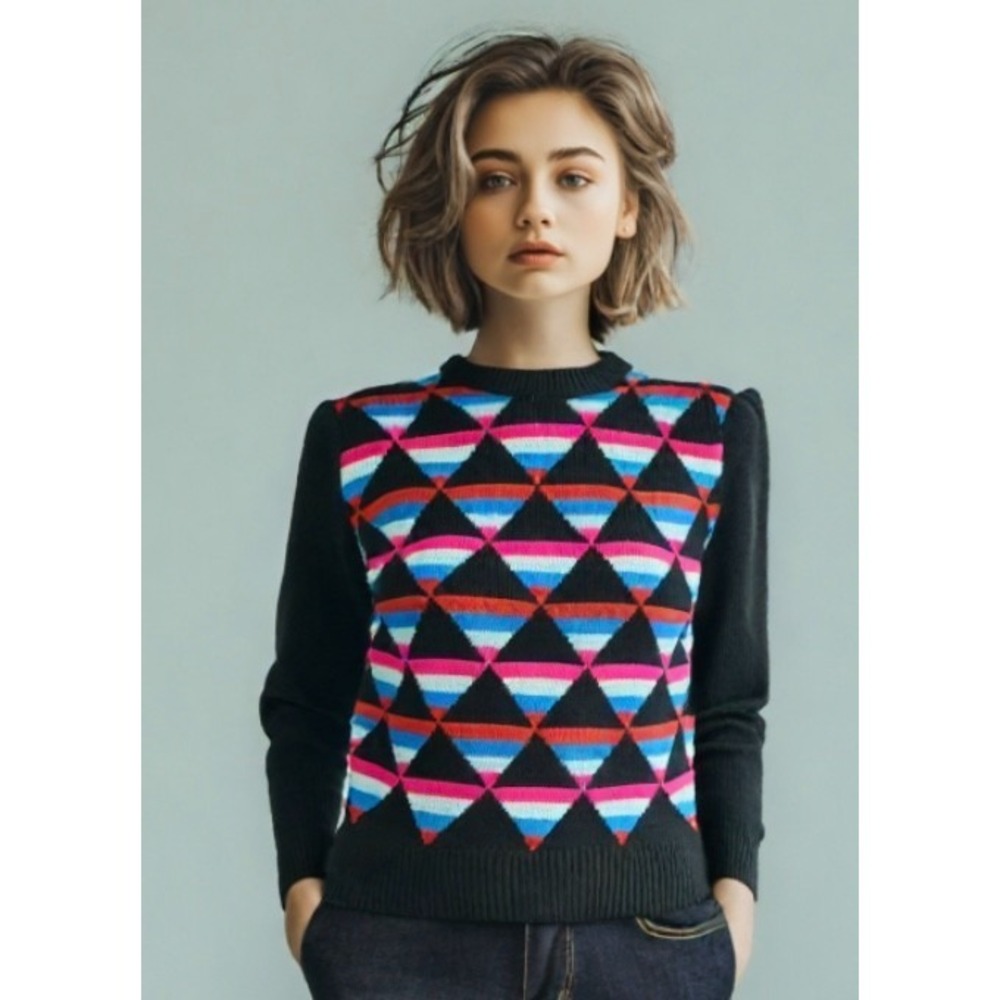 80s Penguin BK Sweater Size Medium Black Geometric Triangle Print Long Sleeve
